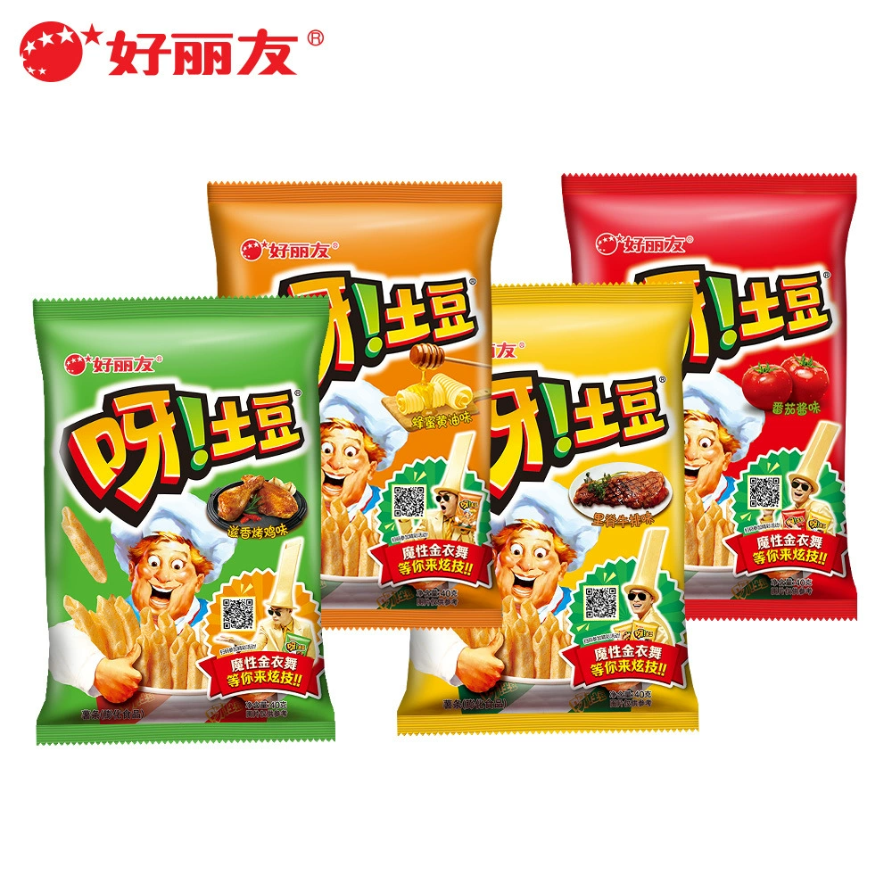 Haoliyouya potato 40g*32 bags whole box wholesale puffed snacks tomato-flavored fries hollow potato chips