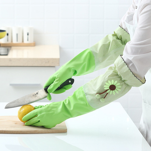 Velvet, thickened and extended dishwashing gloves, laundry, cleaning and durable kitchen housework waterproof plastic gloves