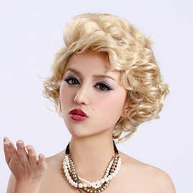 金色欧美短卷发 蓬松女生斜刘海假发 玛丽莲梦露经典复古女士假发
