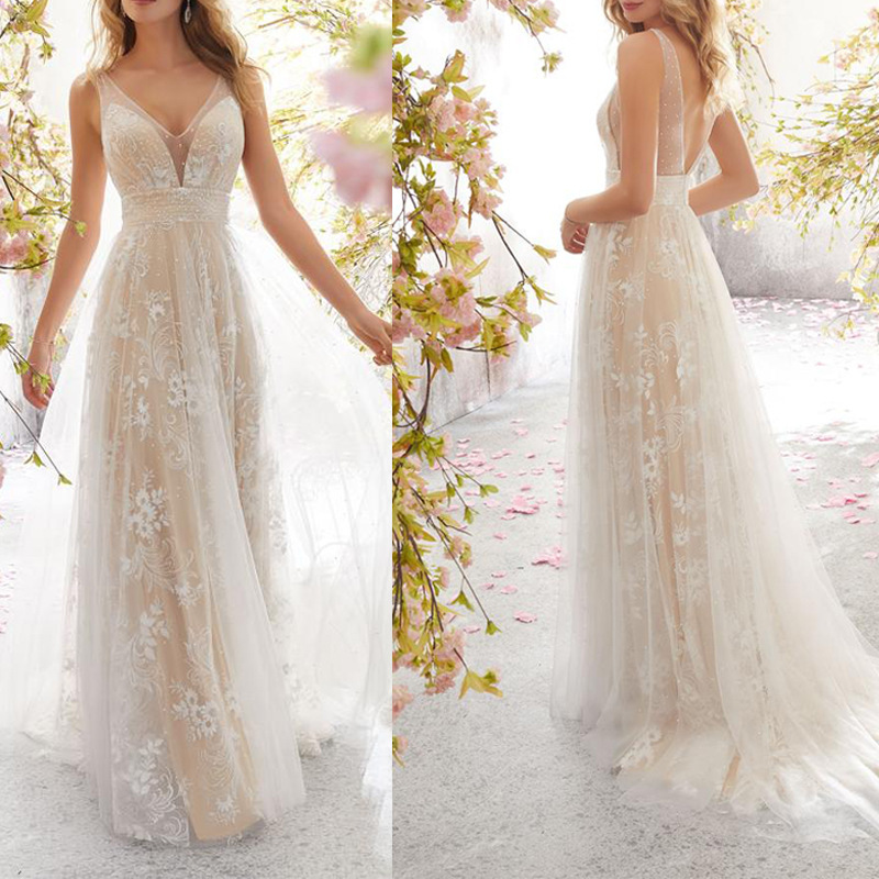 2025 Spring European and American Export New Wedding Dress Wish Amazon Sexy V Neck Sleeveless Lace Wedding Dress