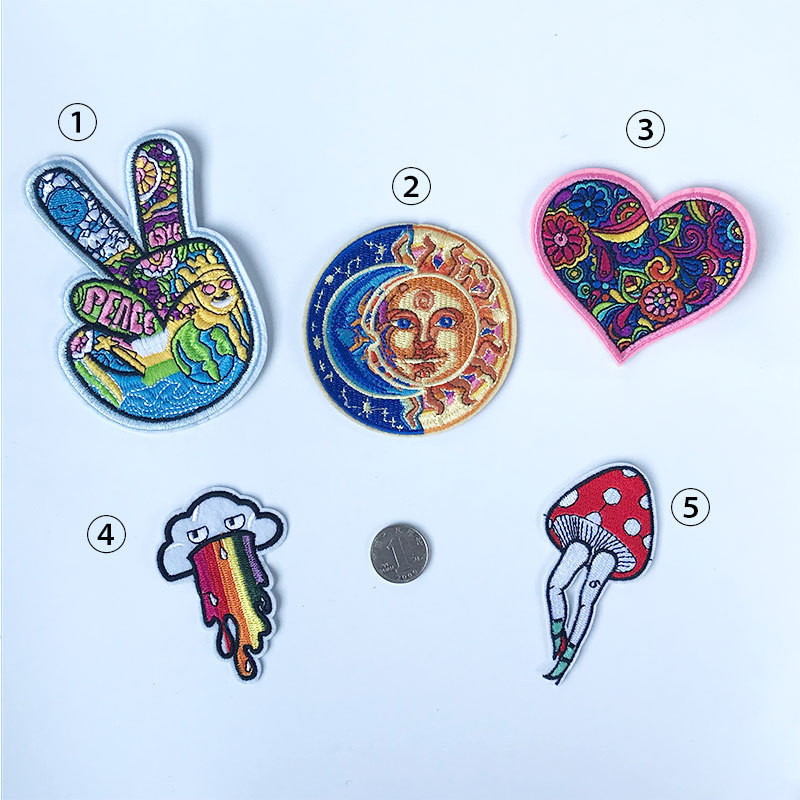 Color Hip Hop Rainbow Love Peace V Gesture Sun Moon Mushroom Leg Clothing Adhesive Embroidered Cloth Sticker Patch Color Hip Hop Rainbow Love Peace V Gesture Sun Moon Mushroom Leg Clothing Adhesive Embroidered Cloth Sticker Patch