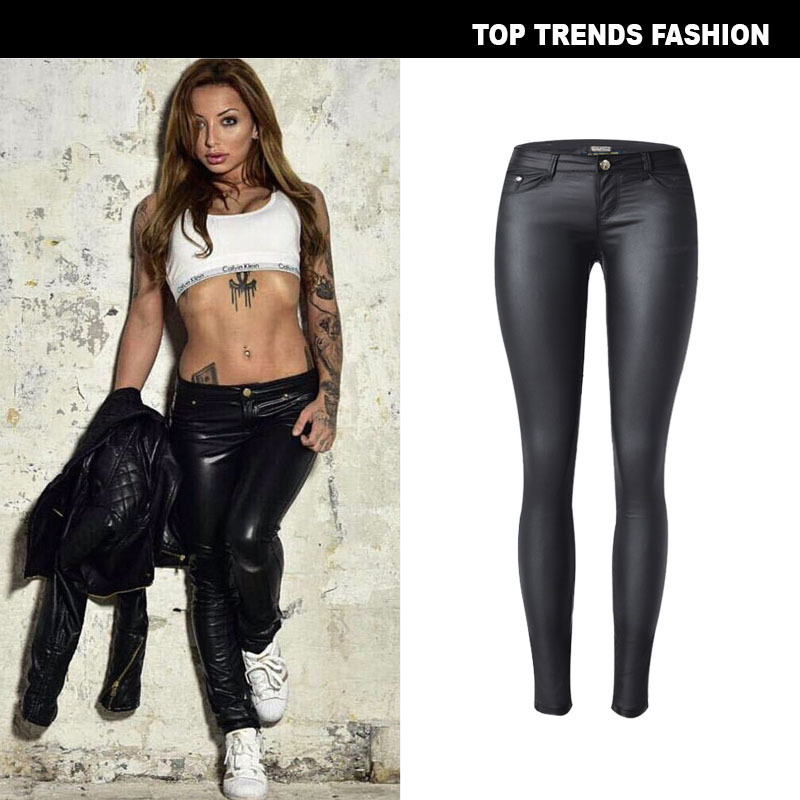European and American Clothing Low-Waist Elastic Coating Pu Imitation Leather Denim Small-Leg Pants with National Fashion Models and Versatile Style