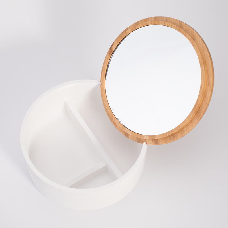 Espejo cosmético redondo simple con tapa caja de almacenamiento base de resina con tapa de bambú collar cosmético caja de espejo cosmético de escritorio