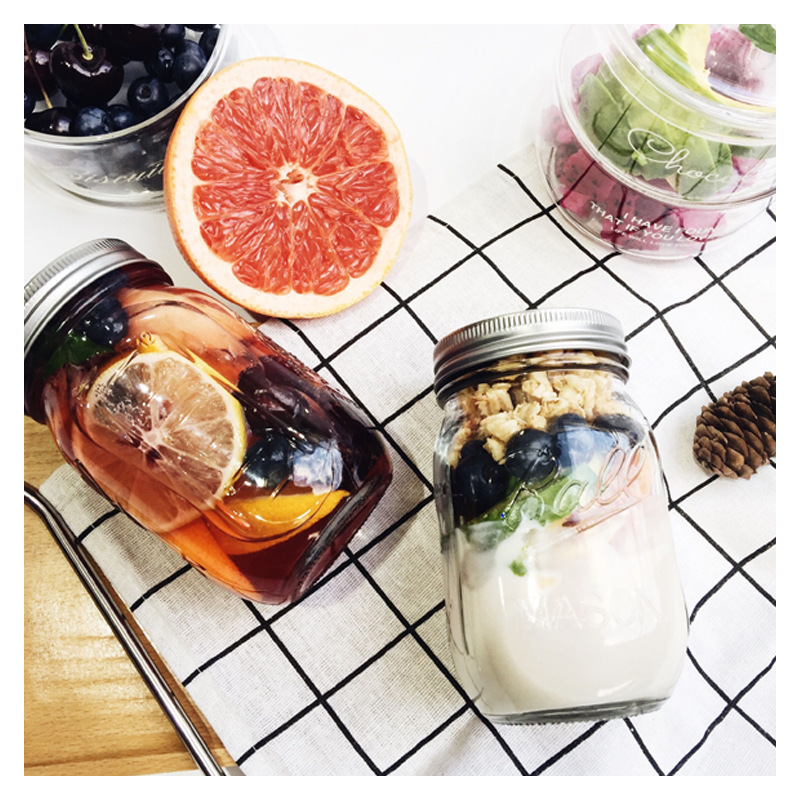 果汁饮料梅森瓶批量供应 带盖密封好透明家居收纳梅森瓶玻璃瓶