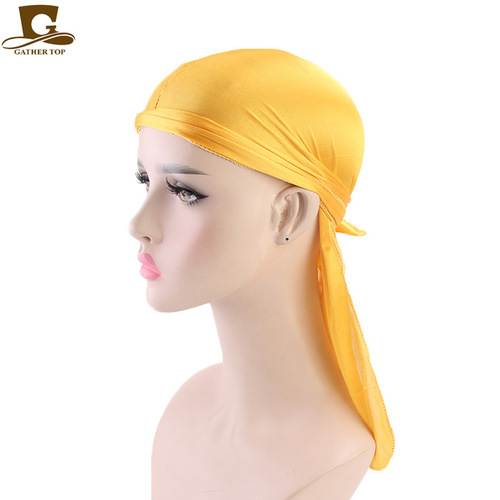 AliExpress hot selling new style imitation silk long tail turban hat pirate hat SILKY DURAG TJM-05C