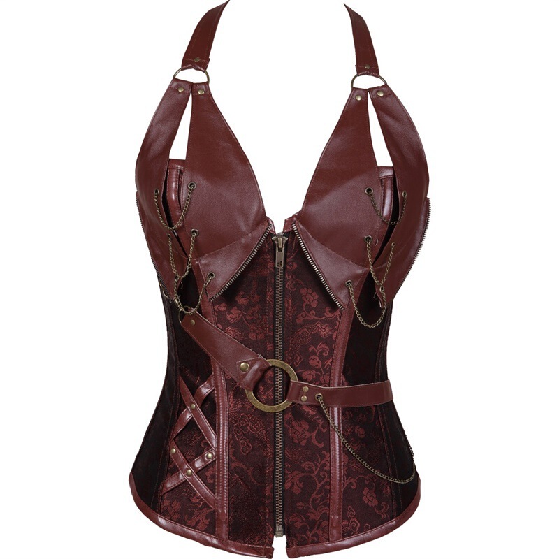 Explosions European and American court black Brown 14 steel bone punk leather corset with belt neck shapewear