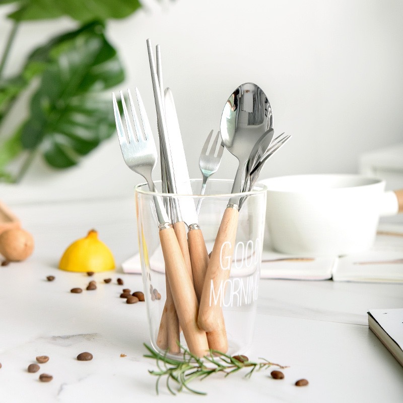 Hogar mango de madera de acero inoxidable 304 tamaño comedor cuchillo tenedor cuchara palillos cocina portátil suministros vajilla mango de madera creativa