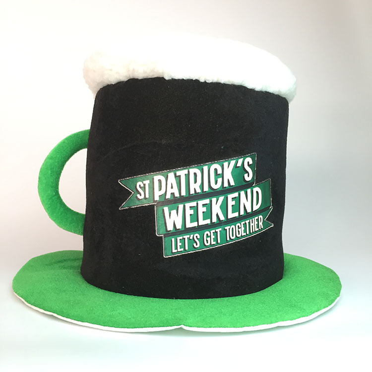 Fábrica personalizada irlandés festival de terciopelo dorado sombrero de tela trébol festival sombrero carnaval fiesta cerveza sombrero LOGO