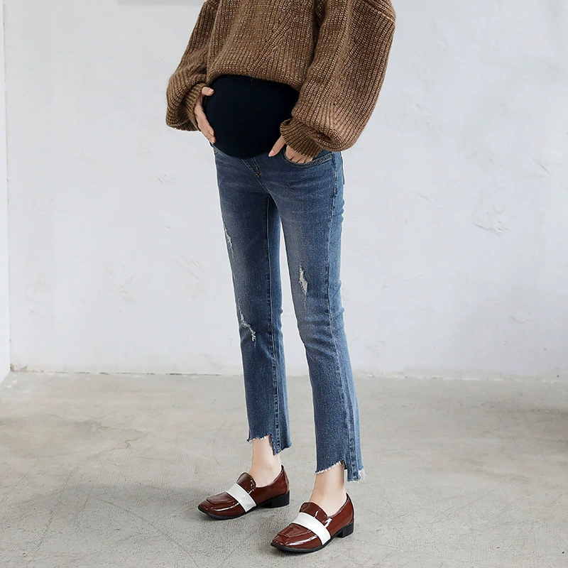 [Распродажа без возврата без изменений] Одежда для беременных Джинсы для беременных Рваные брюки для живота с микро-латто Узкие брюки до щиколотки для похудения