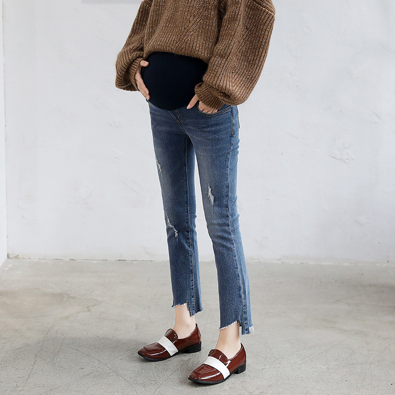 [Clearance No Return No Change] Pregnant Women's Wear Pregnant Women's Jeans Ripped Micro-Latto Abdominal Pants Slim-fit Slimming Ankle-length Pants