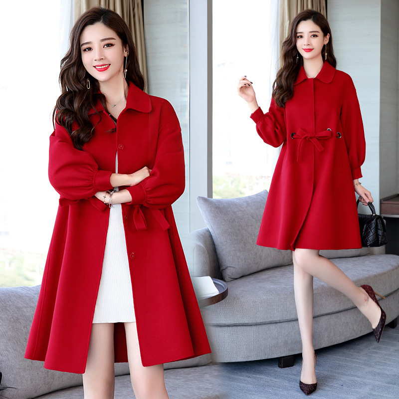 Double-sided Wool Coat Women's Long Autumn and Winter New Loose Wedding High-end Red Large Size Wool Coat Thickened