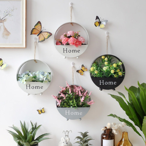 Wholesale European creative iron art round wall hanging simple living room wall decoration storage flower basket wall hanging