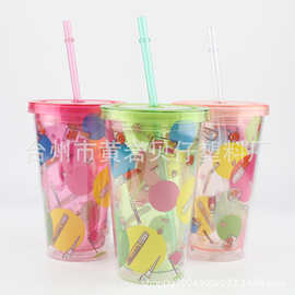 16oz双层塑料吸管杯 满印图案PVC片透明杯子 安全无毒水杯批发