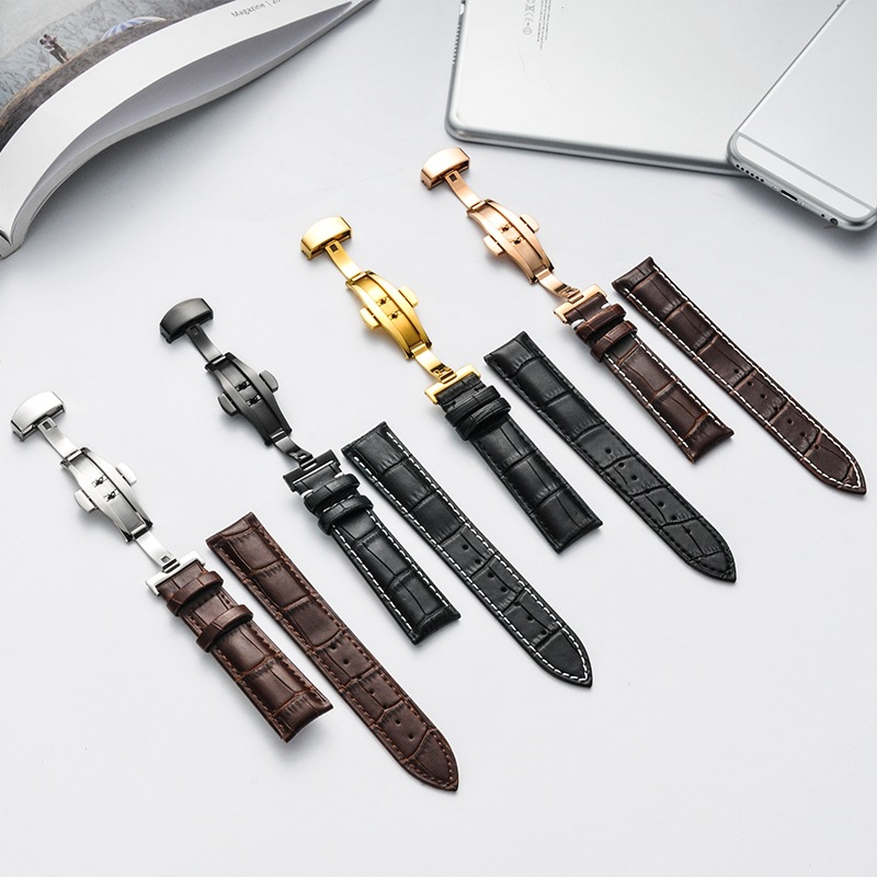 Venta al por mayor reloj correa de cuero genuino mariposa hebilla reloj hombres y mujeres correa de cuero de una sola pieza entrega