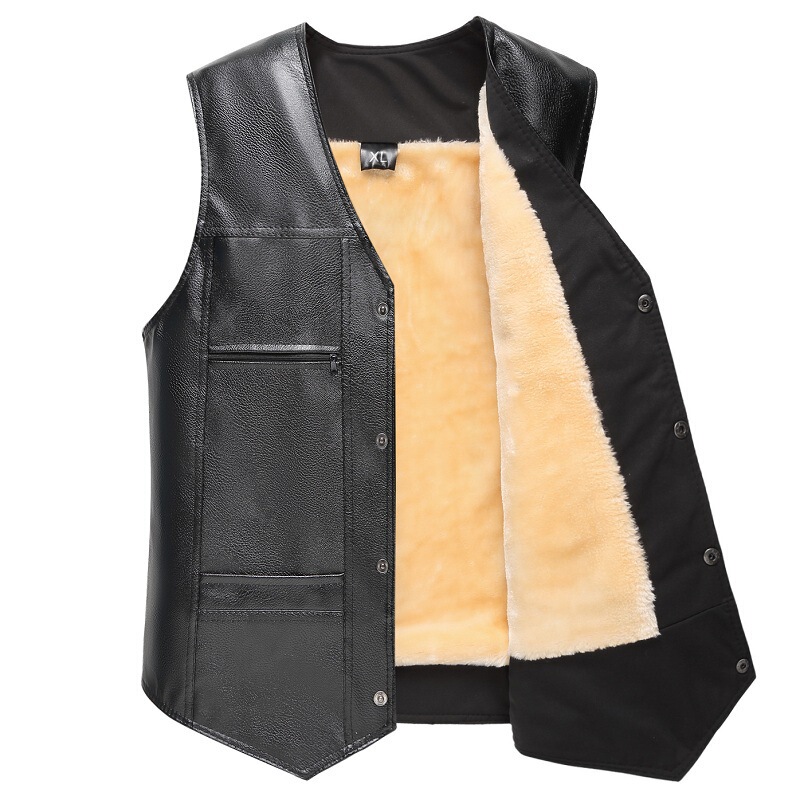 Men's PU leather vest 2021 new winter warm middle-aged and elderly large size plus velvet padded vest manufacturers wholesale