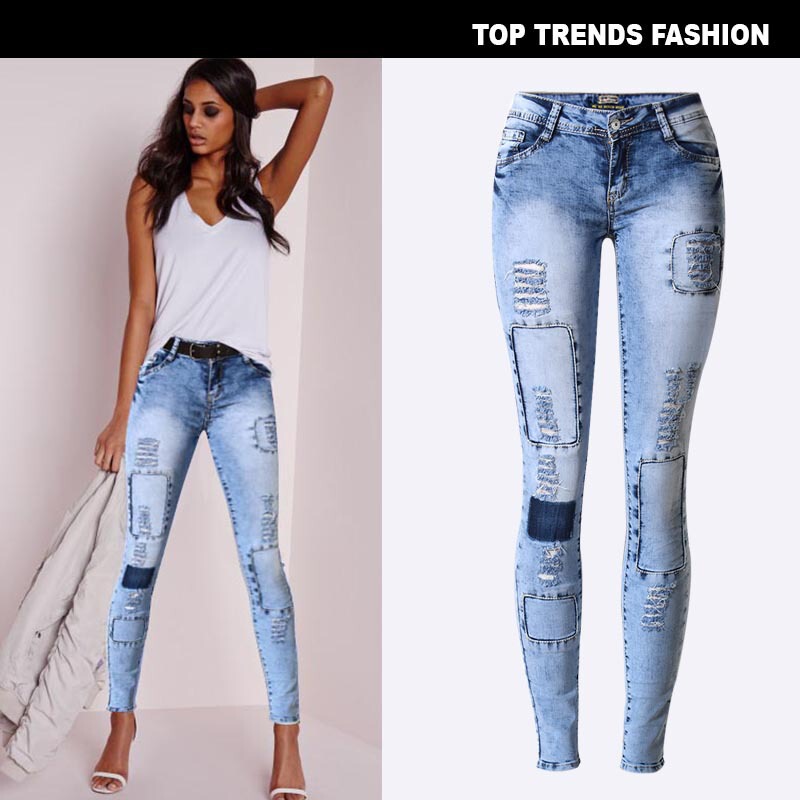 European and American Popular Slim-fit Pencil Pants Stretch Denim Pants with Ripped Skinny Multi-hole Sticker Trendy Large Size