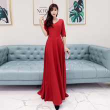时尚中袖五分袖V领大码晚礼服长款连衣裙/6600