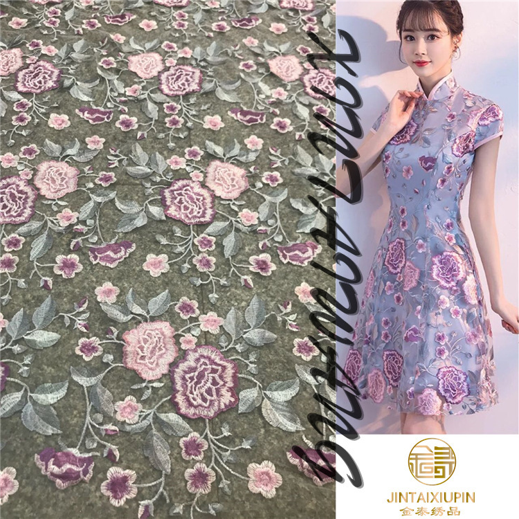 2021 popular peony embroidery fabric women's clothing dress cheongsam mesh embroidered lace fabric