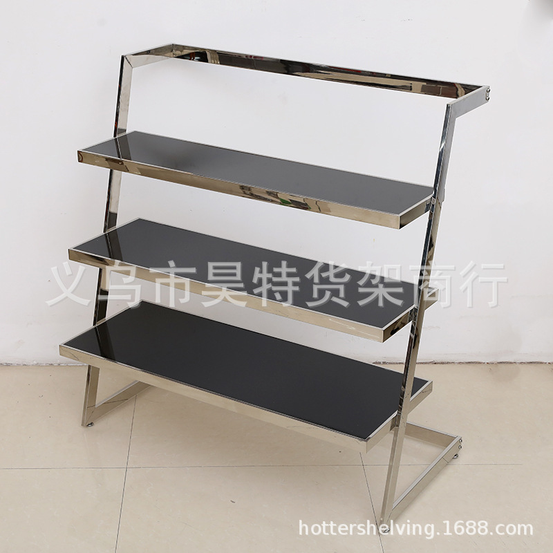 TZ-048新款T字形服装店不锈钢展示台黑色烤漆单面阶梯型展示台