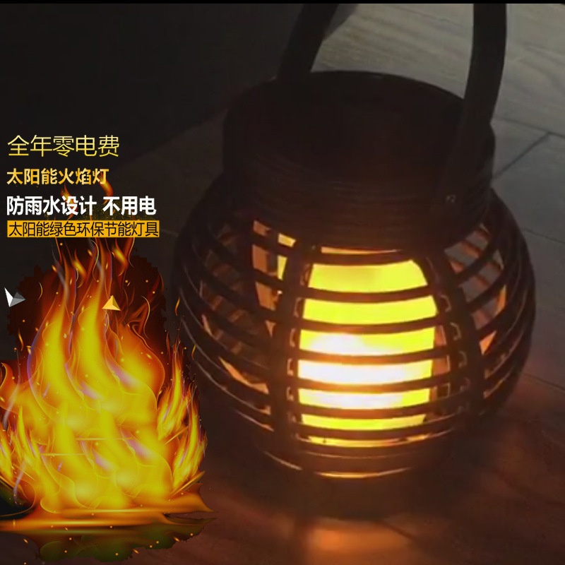 Outdoor Pure Hand Red Woven Rattan Cage Lamp Solar Flame Lamp 51Led Hanging Cage Table Lamp Courtyard Hanging Lamp