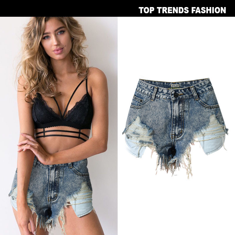 European and American Women's Slim-fit High Waist Frayed Irregular Leakage Pocket Tassel Snowflake Nostalgic Denim Shorts