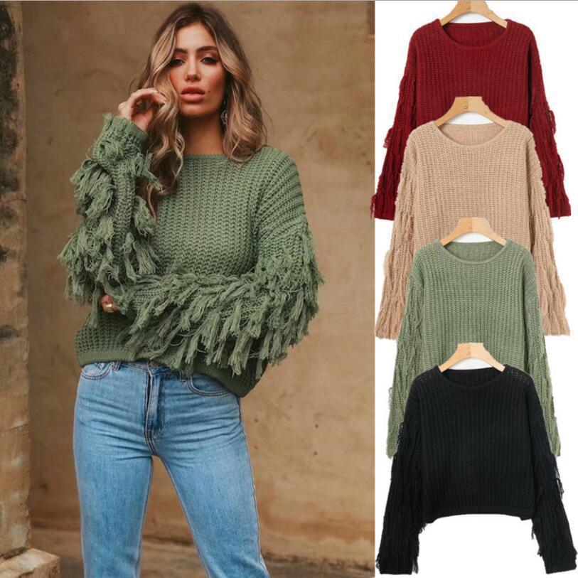 AliExpress eBay ropa de mujer de comercio exterior popular suéter suelto de Europa y América sexy manga borla suéter de manga larga para las mujeres