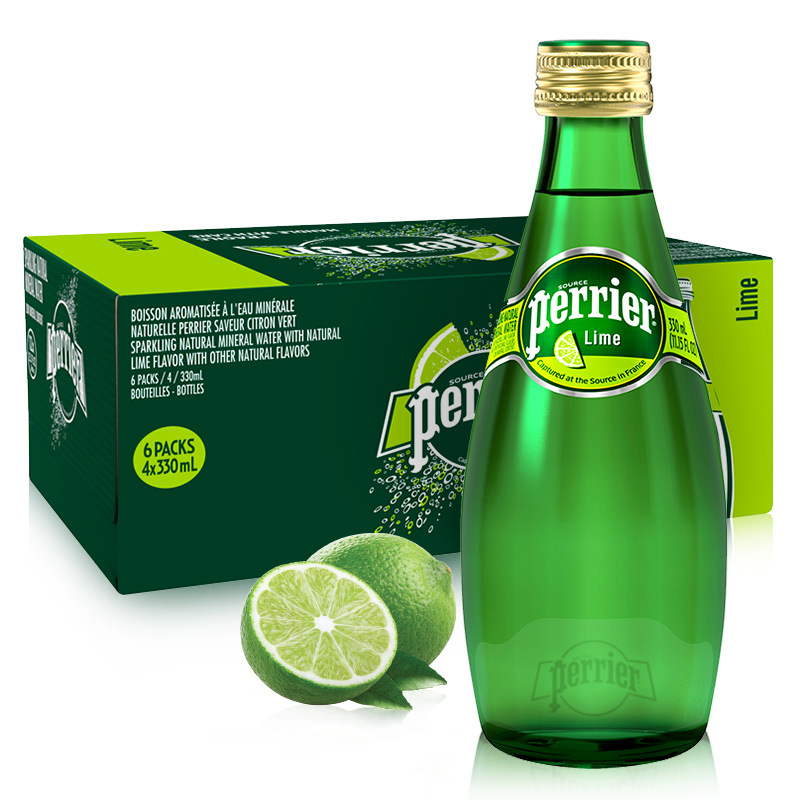 法国进口perrier巴黎水 青柠味天然含气矿泉水330ml*24玻璃瓶整箱