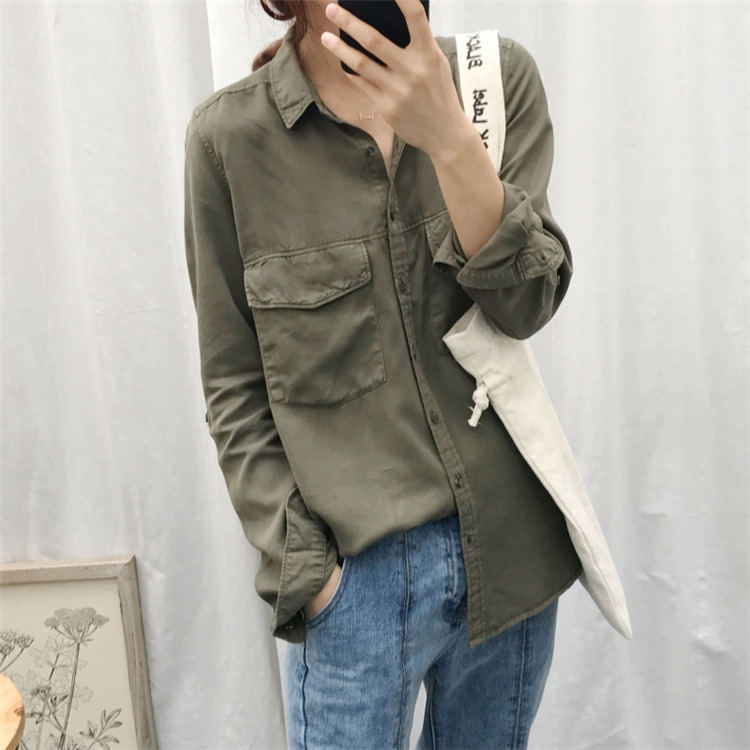 Tencel Long-Sleeved Shirt with a Vintage Feel, Thin and Drapey, Loose Fit, Slimming, Plus-Size Denim Top for Women, Army Green, Versatile