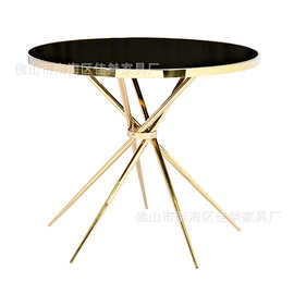 金色不锈钢圆形餐桌 现代钢化玻璃餐台 创意洽谈桌311
