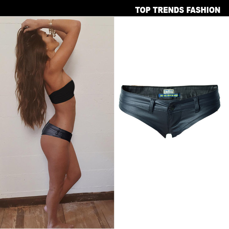 European and American Nightclub Style Sexy Girl Low-Waist Stretch Denim Pu Imitation Leather Button Zipper Hot Pants