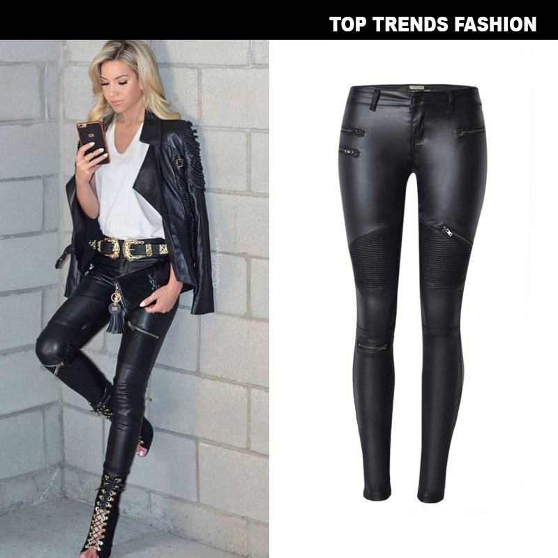 Women's Imitation Leather Denim Pencil Pants with Multi-Zipper Motorcycle Style Large Size