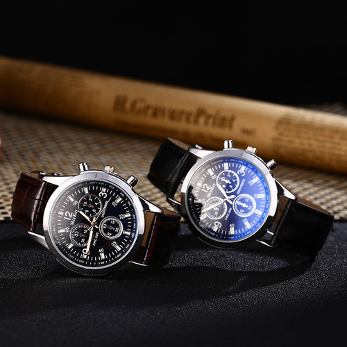 Hot selling three-eye blue light glass belt men's watch, gift watch for men, quartz watch manufacturer wholesale