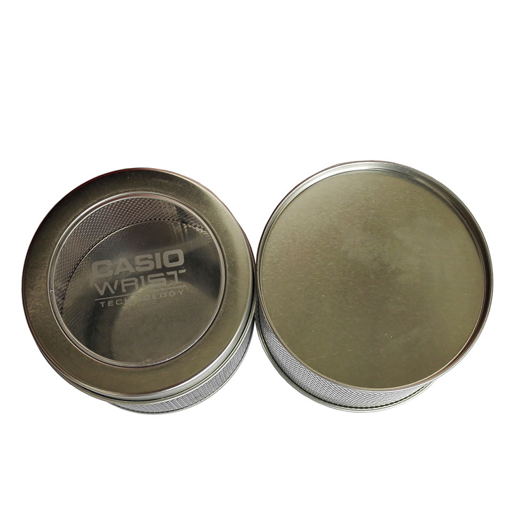 圆形马口铁手表盒 创意开窗圆罐 网状手表铁盒