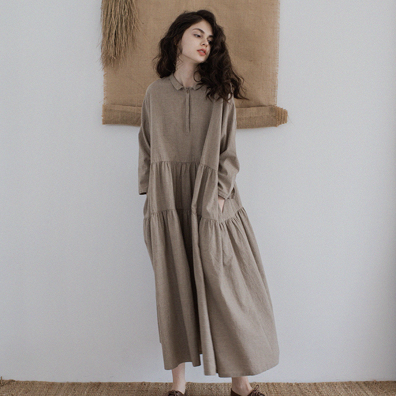 Summer 2020 New Arrival Yarn-dyed Linen Women's Retro Long Dress Women's Loose Large Swing Travel Gown