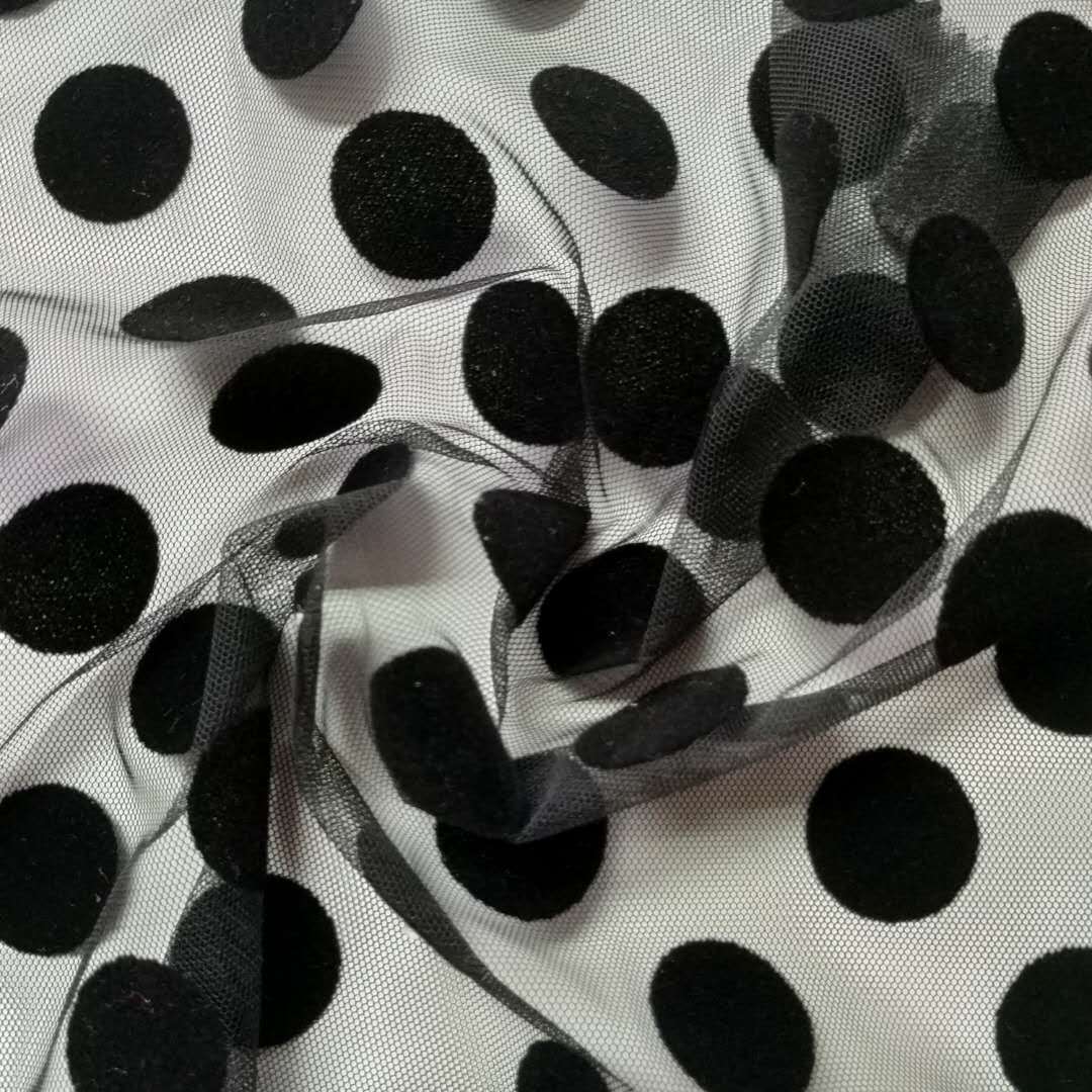 新款网布植绒 植粉圆点点绒 镂空网植绒女装舞台部 婚纱礼服面料