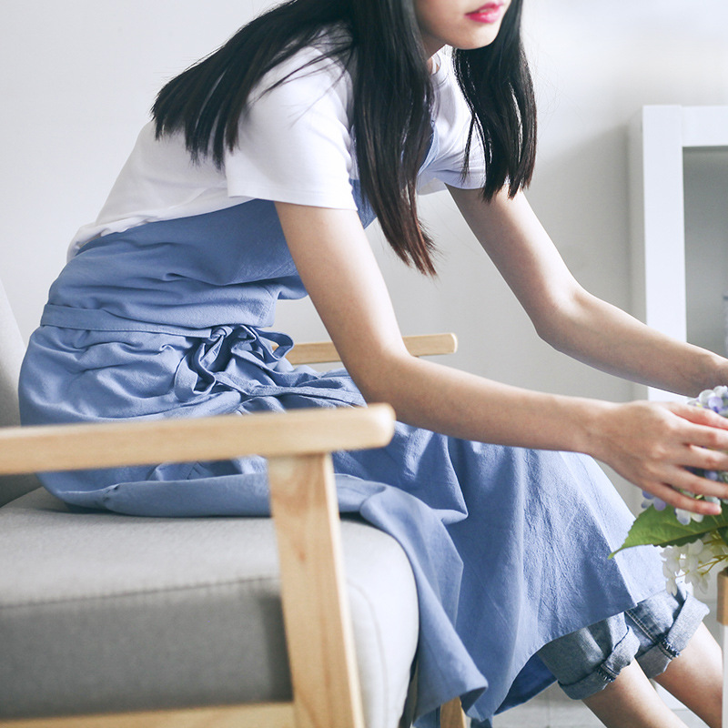 Delantal de hadas de cola de pez de algodón y lino de estilo japonés alargado SLIM-Fit elegante Super Fairy flower shop nail shop overol impreso LOGO