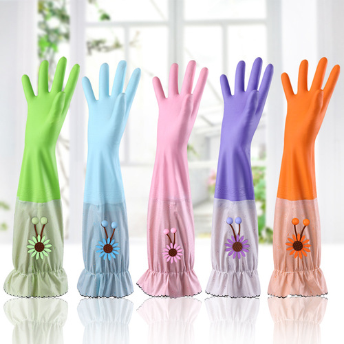 Velvet, thickened and extended dishwashing gloves, laundry, cleaning and durable kitchen housework waterproof plastic gloves