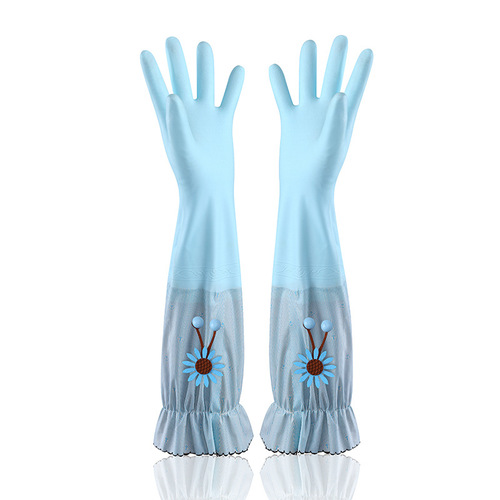 Velvet, thickened and extended dishwashing gloves, laundry, cleaning and durable kitchen housework waterproof plastic gloves