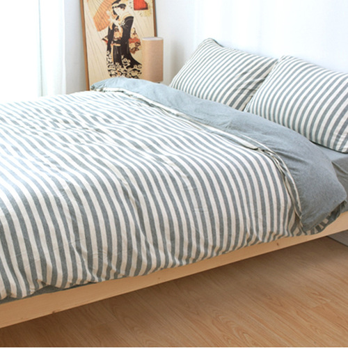 Tianzhu cotton four-piece set Japanese knitted cotton striped quilt cover sheet sheet 1.51.8 m bedding unprinted