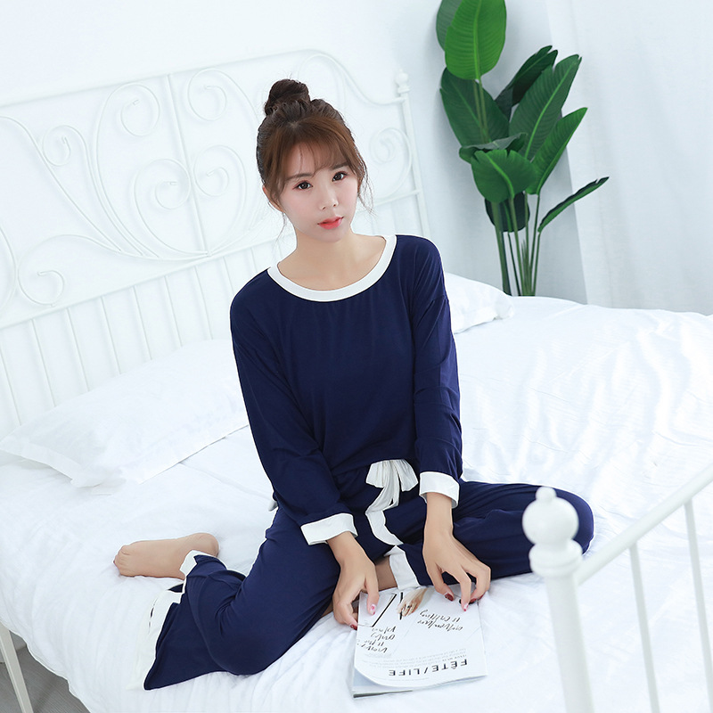 Primavera y otoño modal gordito chica cuello redondo manga larga contraste color Pantalones anchos traje casual mujer de dos piezas homewear