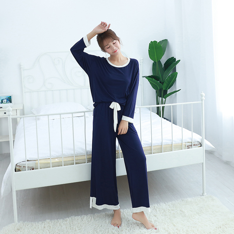 Primavera y otoño modal gordito chica cuello redondo manga larga contraste color Pantalones anchos traje casual mujer de dos piezas homewear