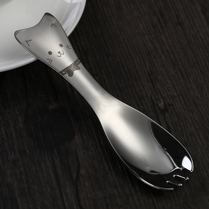 Cuchara de tenedor de acero inoxidable 304 cuchara de ensalada de cuchara de gato lindo creativo tenedor cuchara de mango corto de helado para niños puede ser logotipo personalizado
