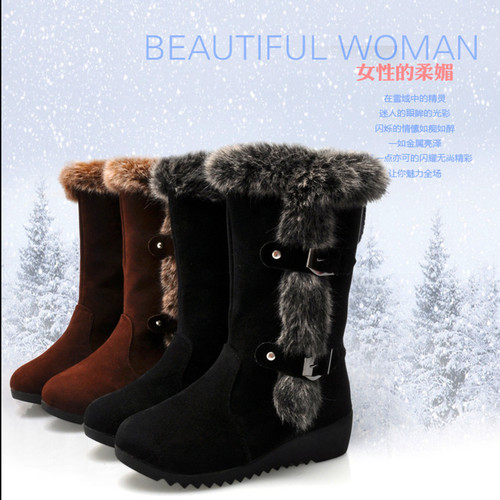 Autumn/Winter Snow Boots with Thick Sole, Rabbit Hair Cotton Lined, Women's Slope Heel, College Medium Calf Boots