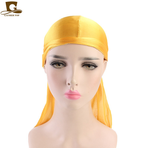 European and American men's and women's imitation silk long tail turban hat pirate hat silky durag TJM-05C
