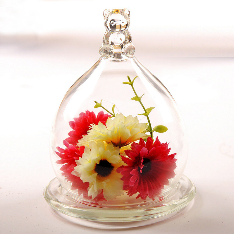 Lindo Super lindo oso cubierta de paisaje de vidrio micro paisaje florero flor eterna cubierta de flor de vidrio