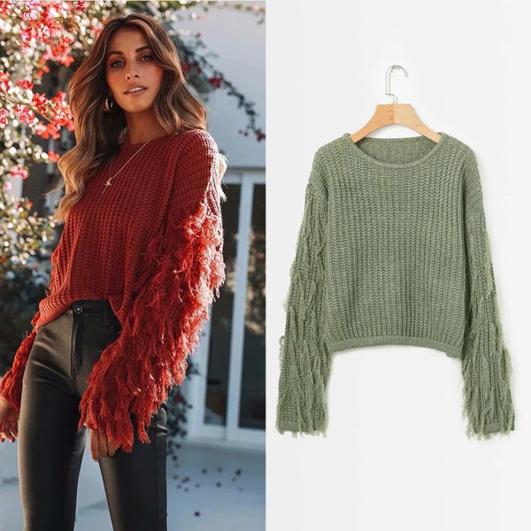 Suéter de Punto para Mujer, Estilo Europeo y Americano, Otoño/Invierno 2026, Nuevo, con Mangas con Borlas, Cuello Redondo, Versátil, Holgado