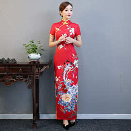 批发旗袍走秀新款女改良端庄大气红色传统长款妈妈装走秀礼服