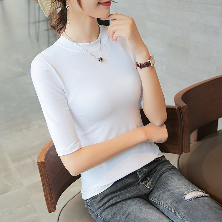 2023 새로운 하이 칼라 티셔츠 여학생 한국식 미들 슬리브 슬림핏 5 점 슬리브 여름 베이스 셔츠 작은 하이 칼라 미들 슬리브 404