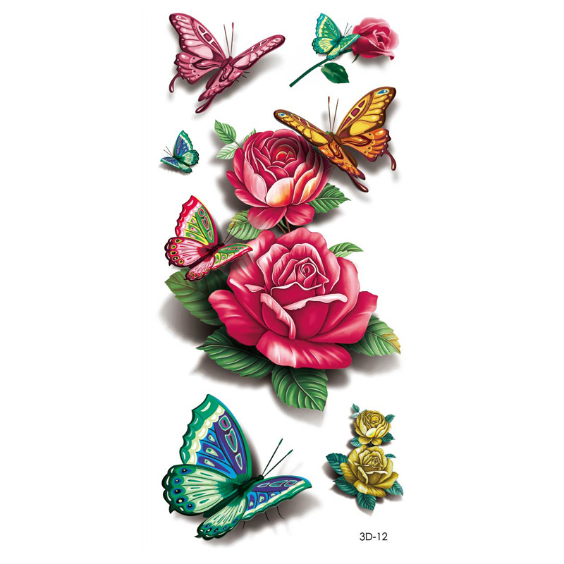 Rosa tatuaje pegatinas 3D TikTok Net color rojo impresión tatuaje pegatinas mariposa flor impermeable tatuaje pegatinas