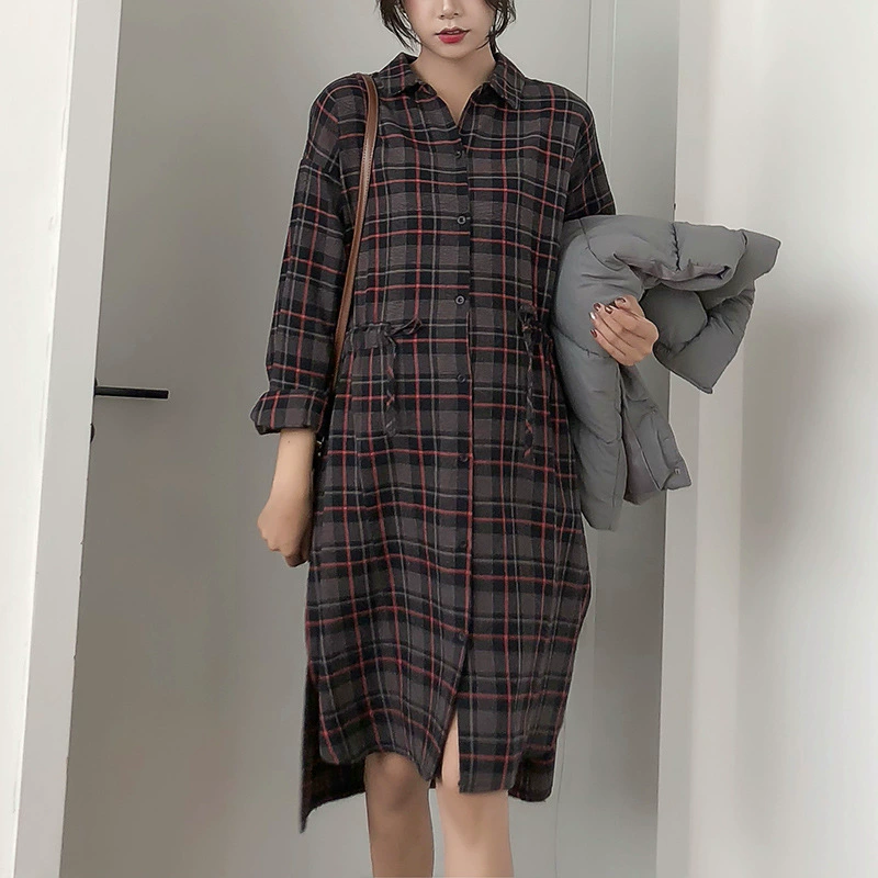 Весенне-осенняя одежда для беременных женщин в клетку в Корейском стиле, платье-рубашка для беременных, свободная рубашка больших размеров на шнурке с длинным рукавом